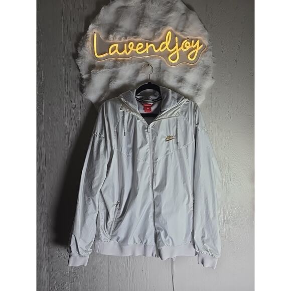 Nike Women Jacket Hooded Rain White Gold Logo Fleece Lined Size L - Picture 1 of 10